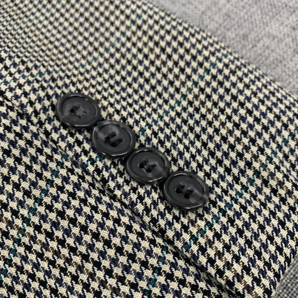 Vintage Mens Oscar‎ de la Renta Blazer Houndstooth 46L 100% Wool Line Ivory Navy